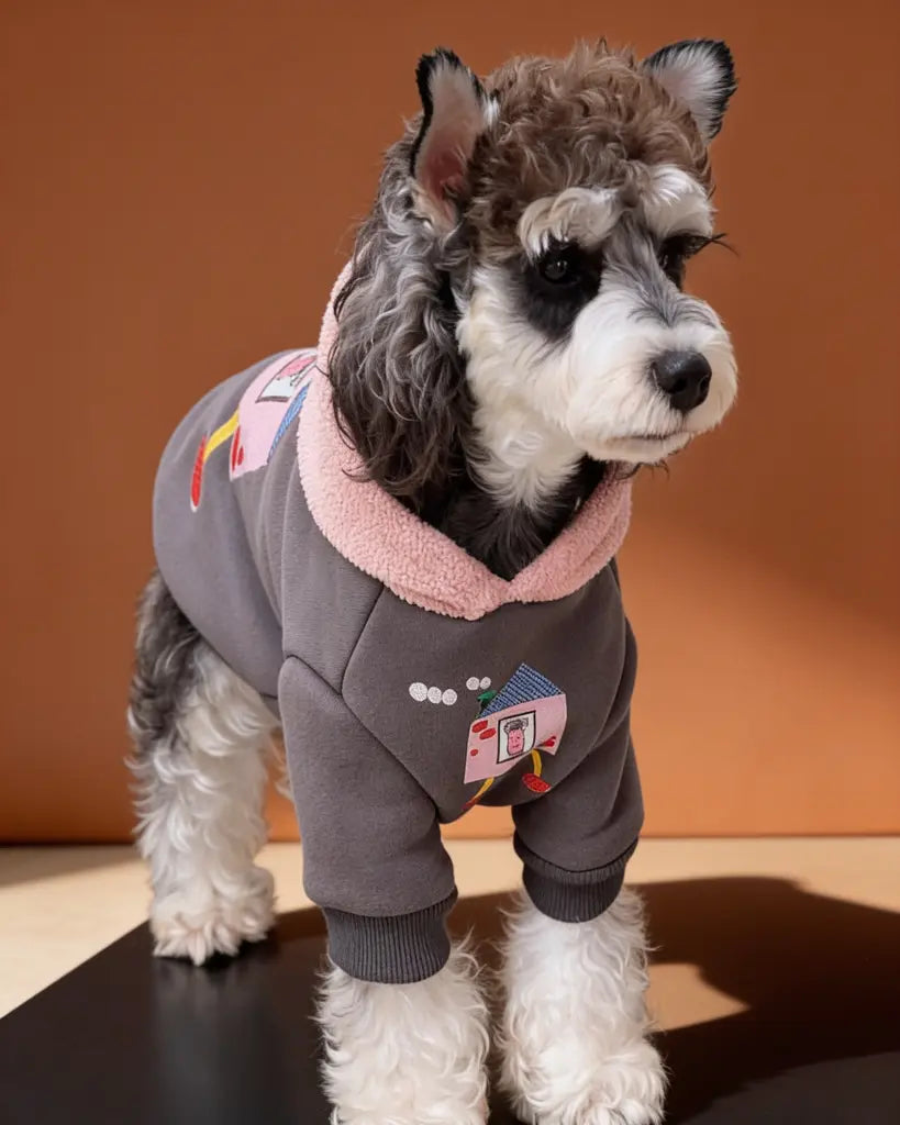 A small gray and white dog wearing a gray hoodie with a pink hood and a cartoon house