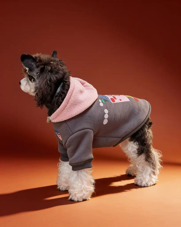 A small gray and white dog wearing a gray hoodie with a pink hood and a cartoon house