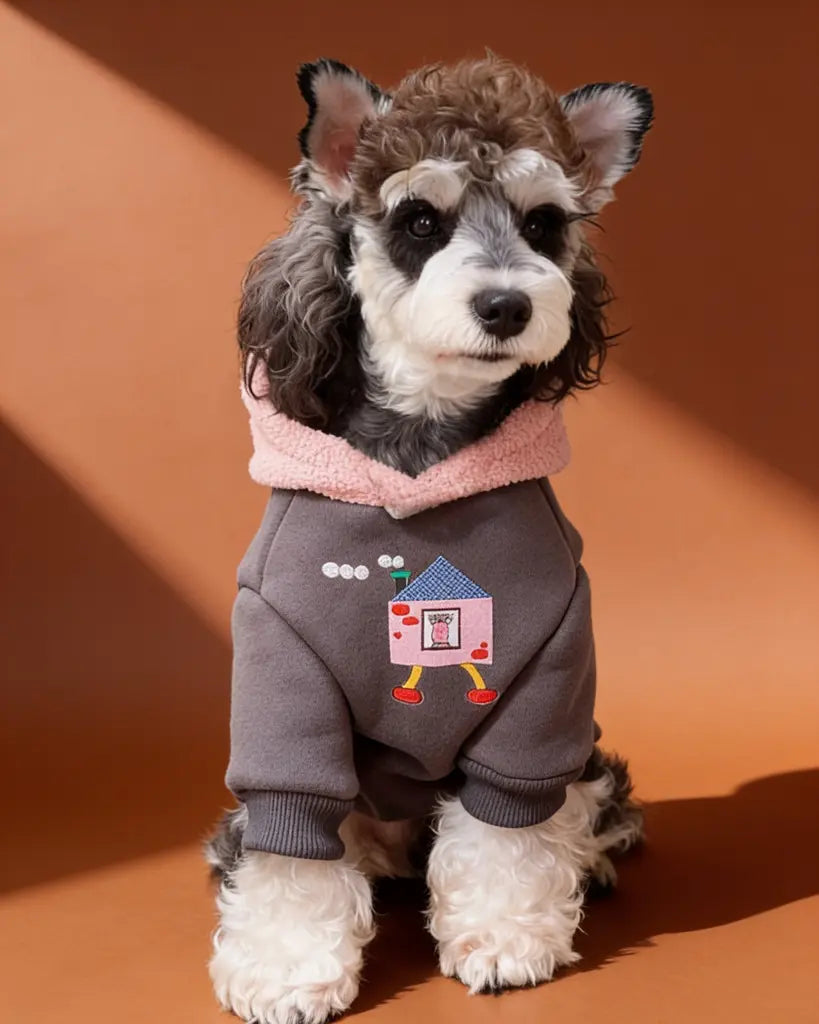 A small gray and white dog wearing a gray hoodie with a pink hood and a cartoon house