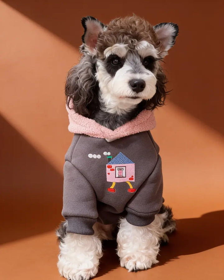 A small gray and white dog wearing a gray hoodie with a pink hood and a cartoon house