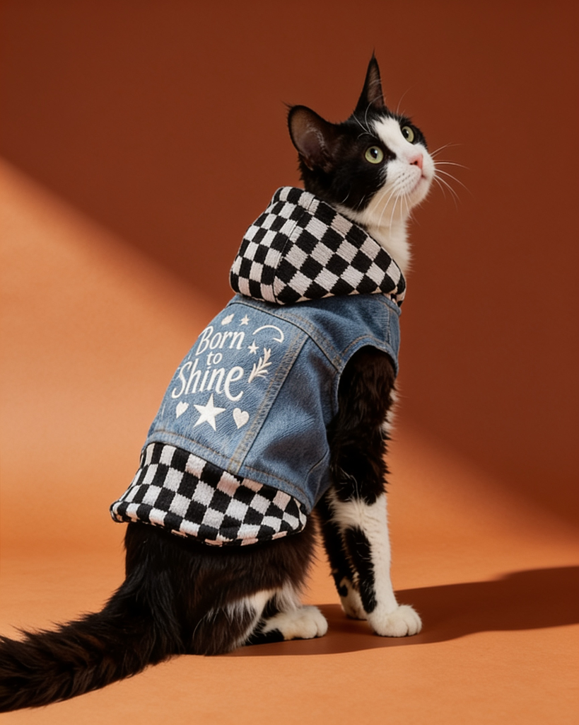 Black and white cat wearing a warm plaid hooded denim vest