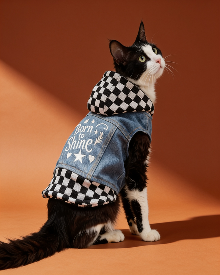 Black and white cat wearing a warm plaid hooded denim vest