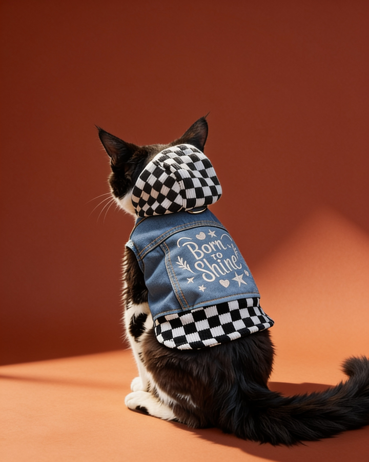 Black and white cat wearing a warm plaid hooded denim vest