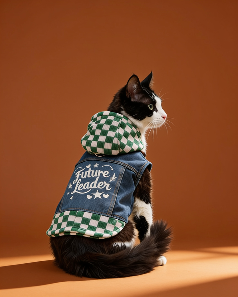 Black and white cat wearing a warm plaid hooded denim vest