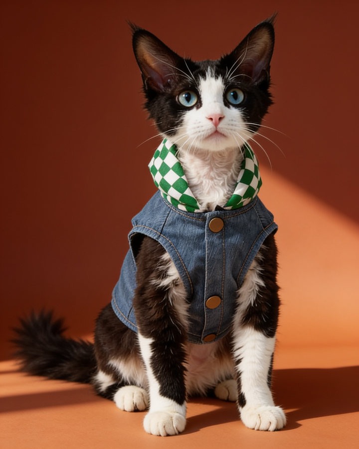 Black and white cat wearing a warm plaid hooded denim vest