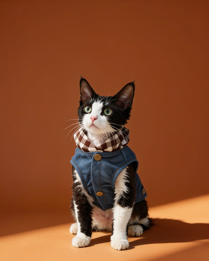 Warm Plaid Hooded Denim Vest for Sphynx Cats CityBear