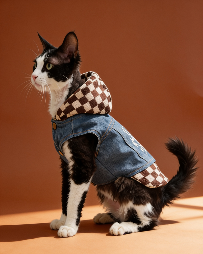 Black and white cat wearing a warm plaid hooded denim vest