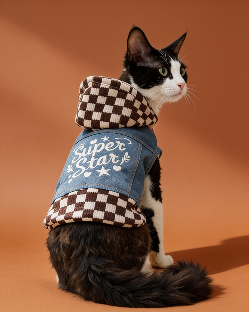 Warm Plaid Hooded Denim Vest for Sphynx Cats CityBear