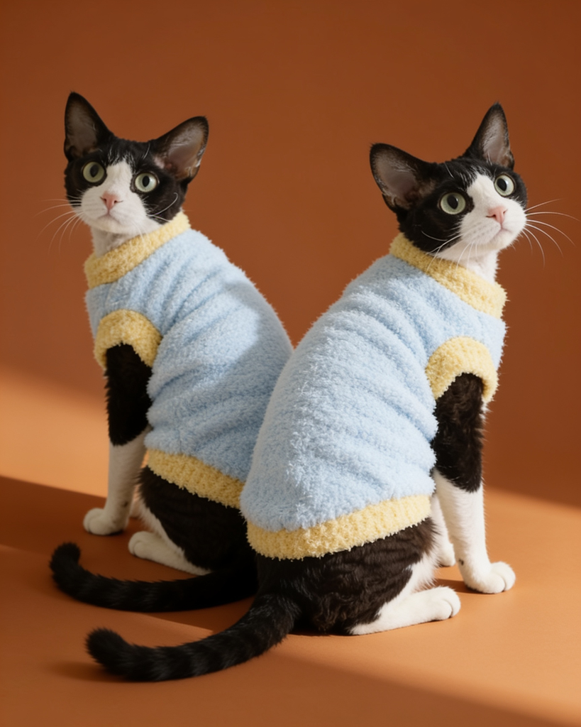 Two black-and-white cats wearing fuzzy light blue pet sweaters with yellow trim.