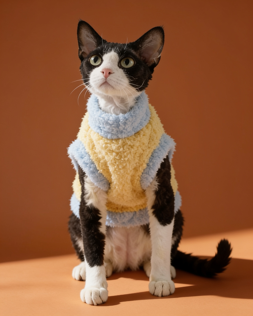 Sphynx cat wearing soft blue and yellow plush winter cat vests
