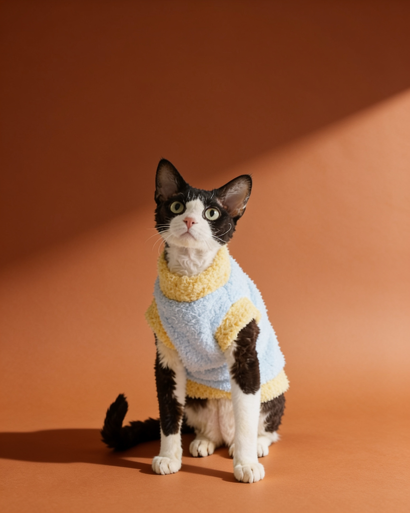 A black and white cat wearing a fuzzy knit sweater in light blue and pale yellow.
