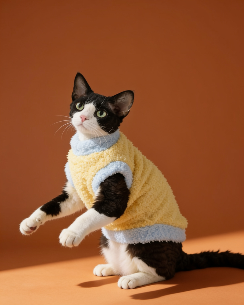 A black and white cat wearing a fuzzy yellow pet sweater with light blue trim.
