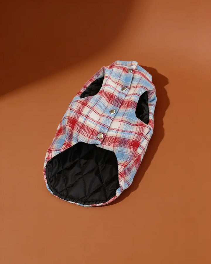 a blue and red plaid padded winter dog jacket