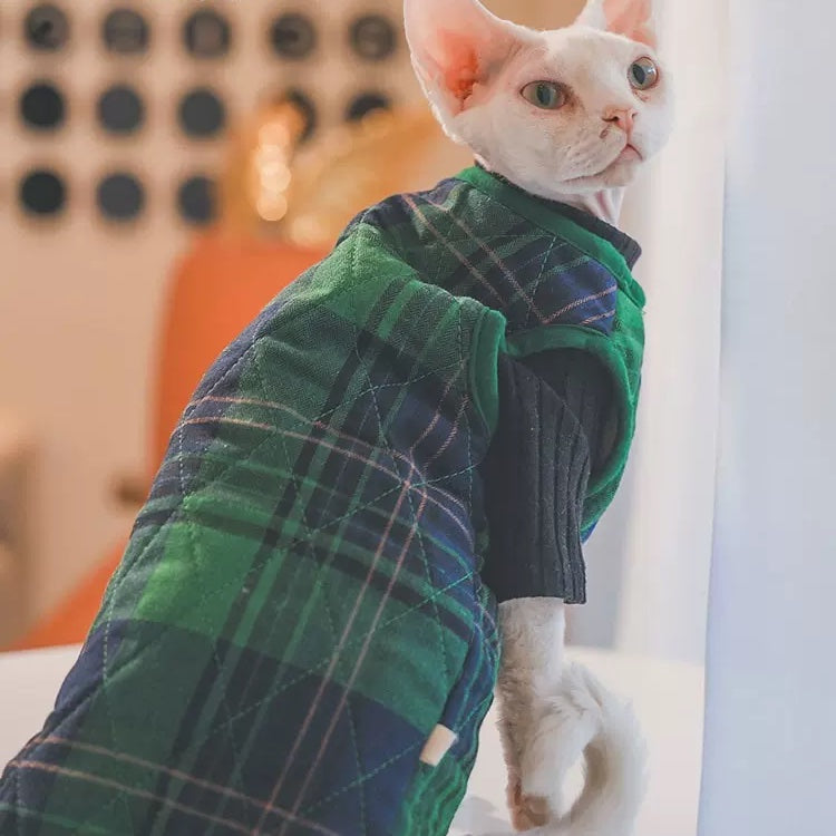 Plaid Side Button Vest Sphynx Cat Jacket