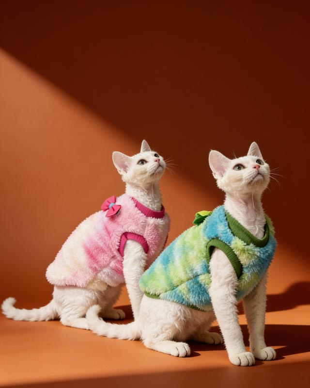 Two cats wearing colorful sweaters on a green cushion with a plant in the background.
