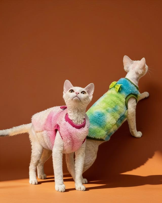 Two white cats wearing colorful fleece sweaters on a green cushion with a plant and framed picture in the background.