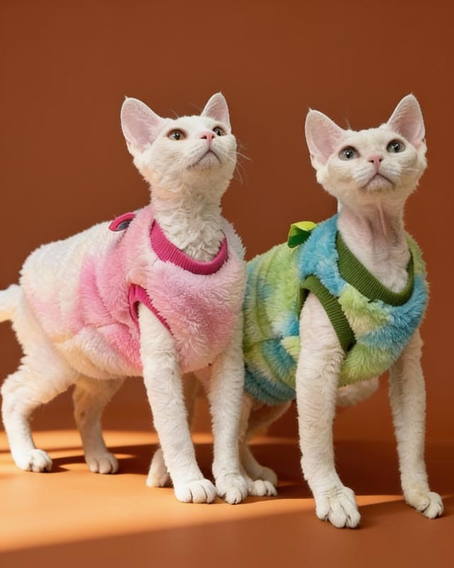 Two cats wearing colorful sweaters on a green cat bed with a plant and framed picture in the background.