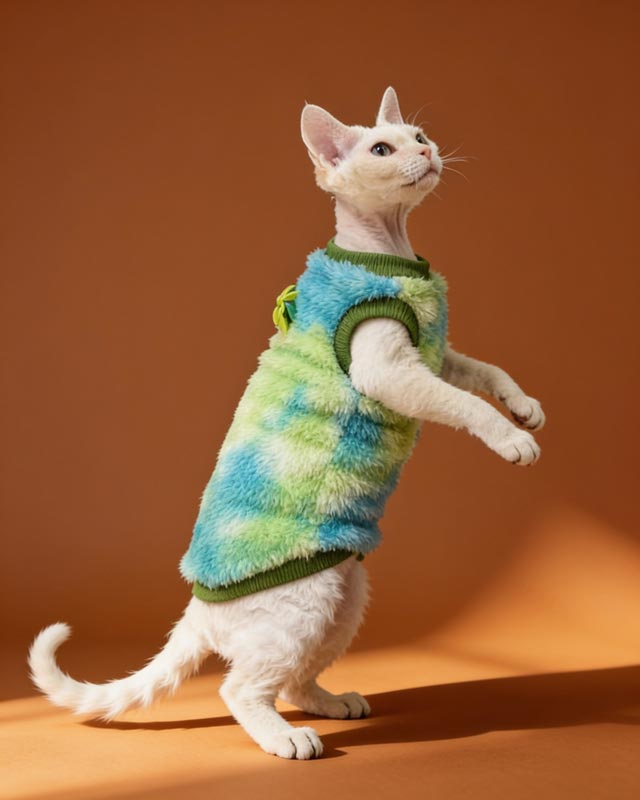 Cat wearing a colorful sweater sitting on a green cushion with a plant in the background