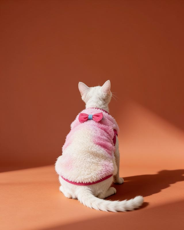 Cat wearing a pink sweater sitting on a green cushion with a plant in the background