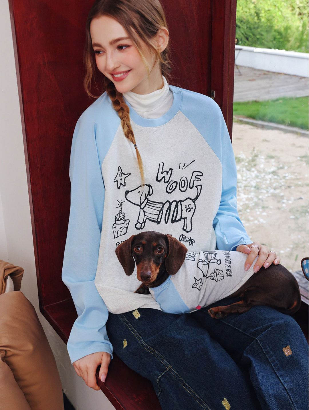 Dog mom matching tee shirt with dog light blue and grey baseball raglan tee cute pet owner matching outfit
