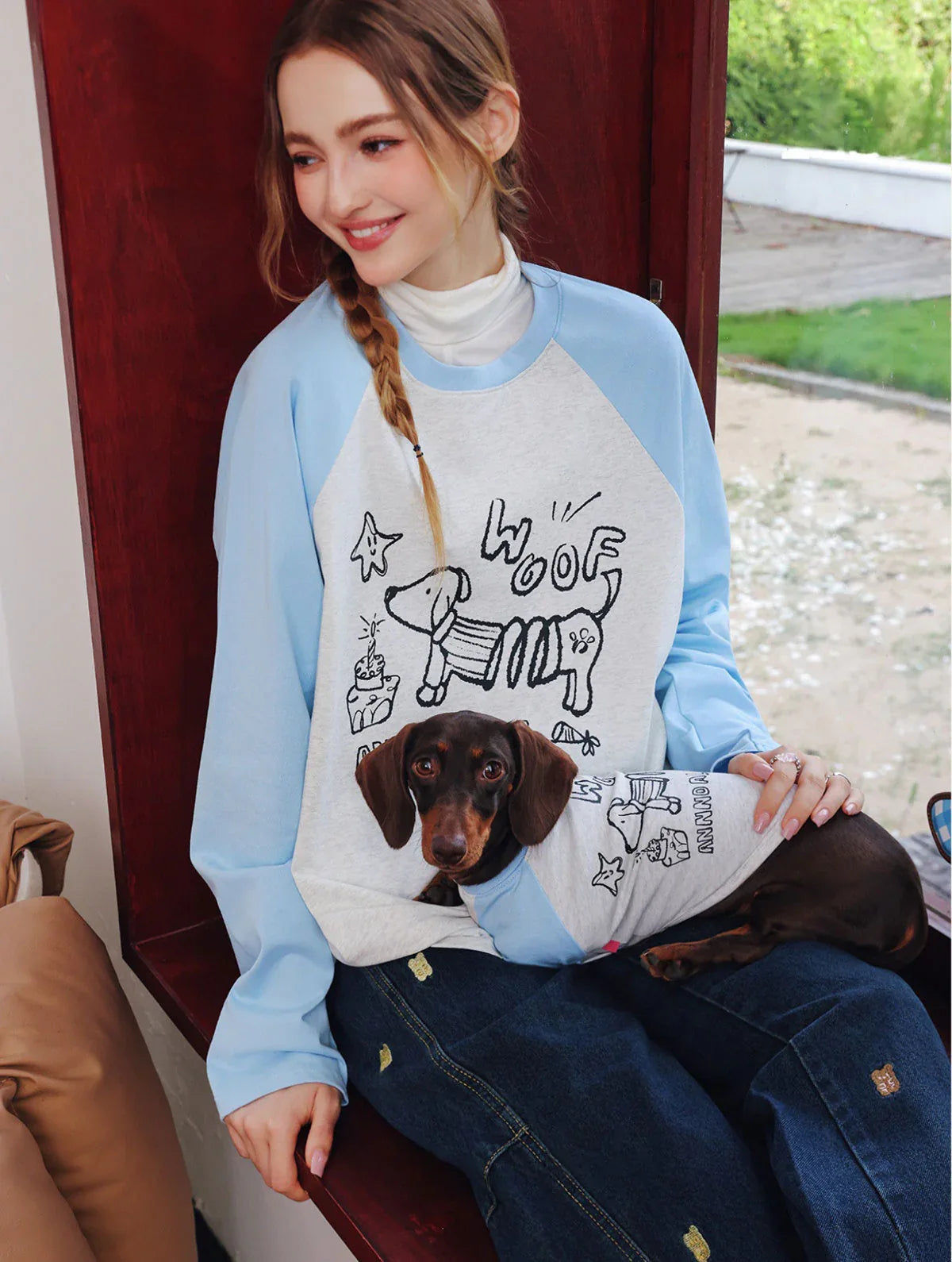 Dog mom matching tee shirt with dog light blue and grey baseball raglan tee cute pet owner matching outfit