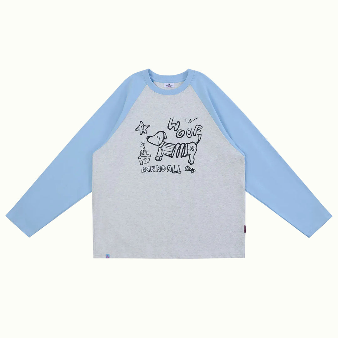 Light blue and grey long sleeve raglan baseball matching clothes in 100% cotton for girl and boy pet owners with dogs
