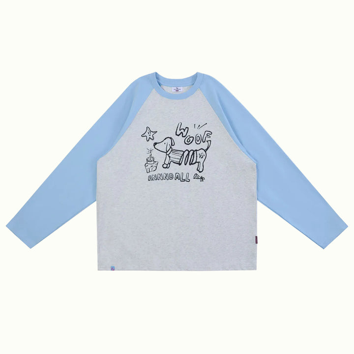 Light blue and grey long sleeve raglan baseball matching clothes in 100% cotton for girl and boy pet owners with dogs