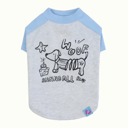 Light blue and grey raglan baseball tee matching pet clothes with cute graphic for small dogs