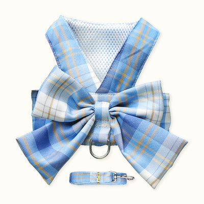 blue plaid bow dog harness