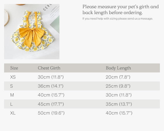 Big bow flower pet skirt dog clothes xs-xl size chart