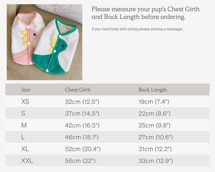 size chart of dinosaur fleece vest for cat and  small dogs