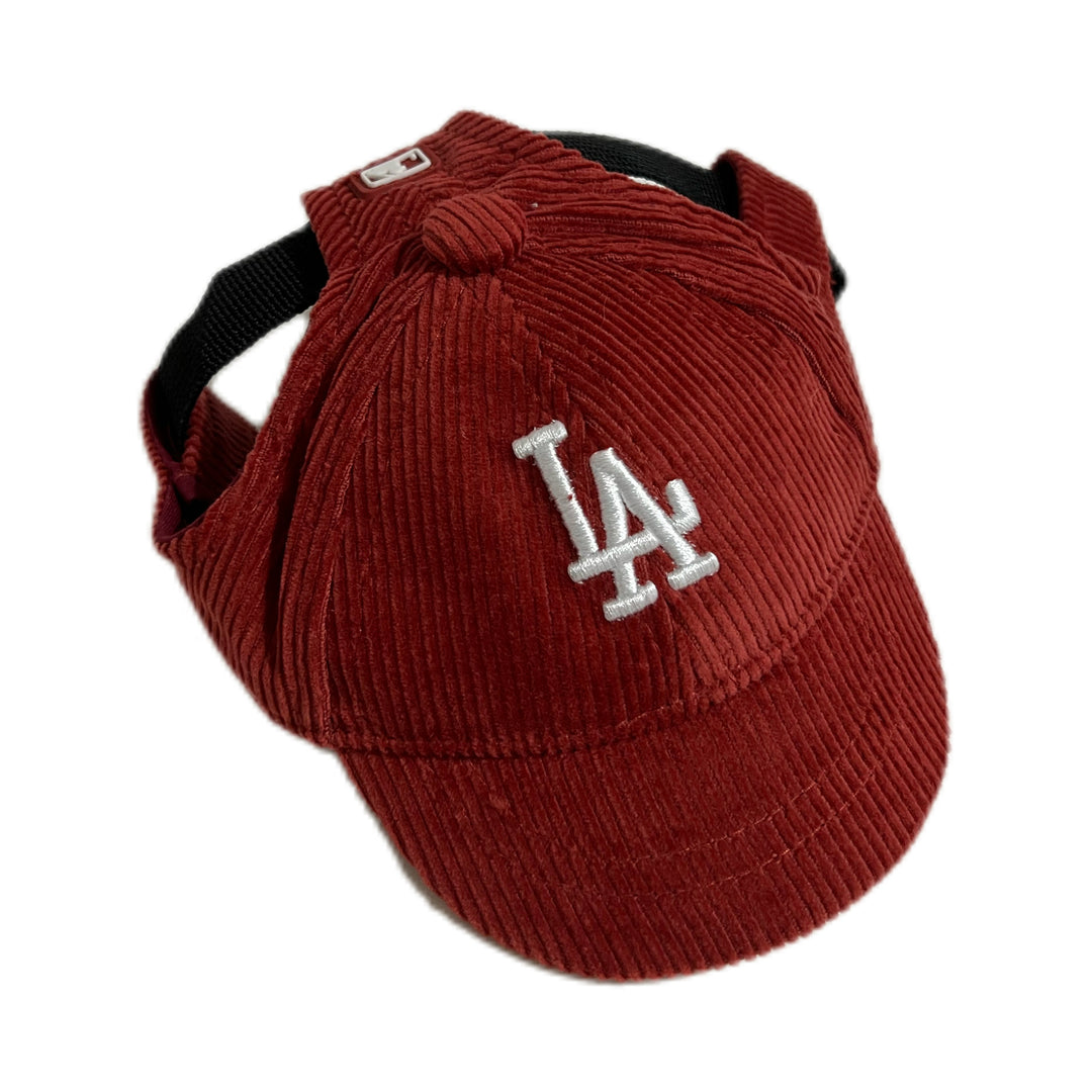 LA red corduroy baseball cap for dog