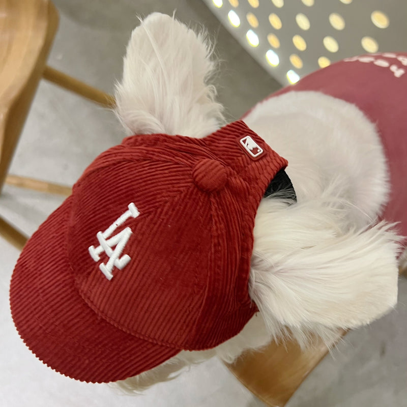 LA red corduroy baseball cap for small dog