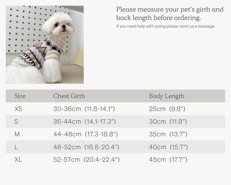 classic knitted sweaters cute pet clothes xs to xl size chart