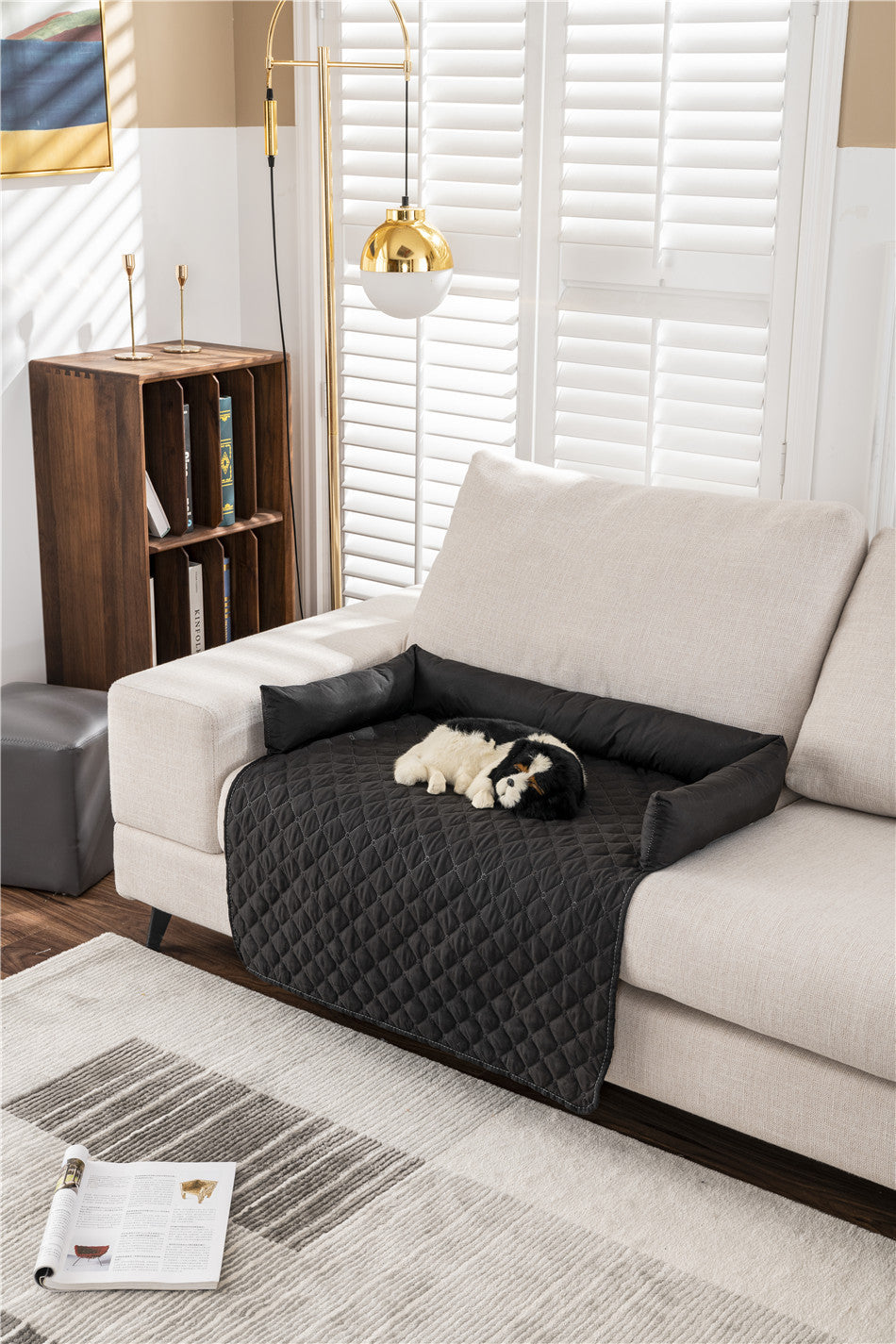 dog sleeping on black bolster mat on couch
