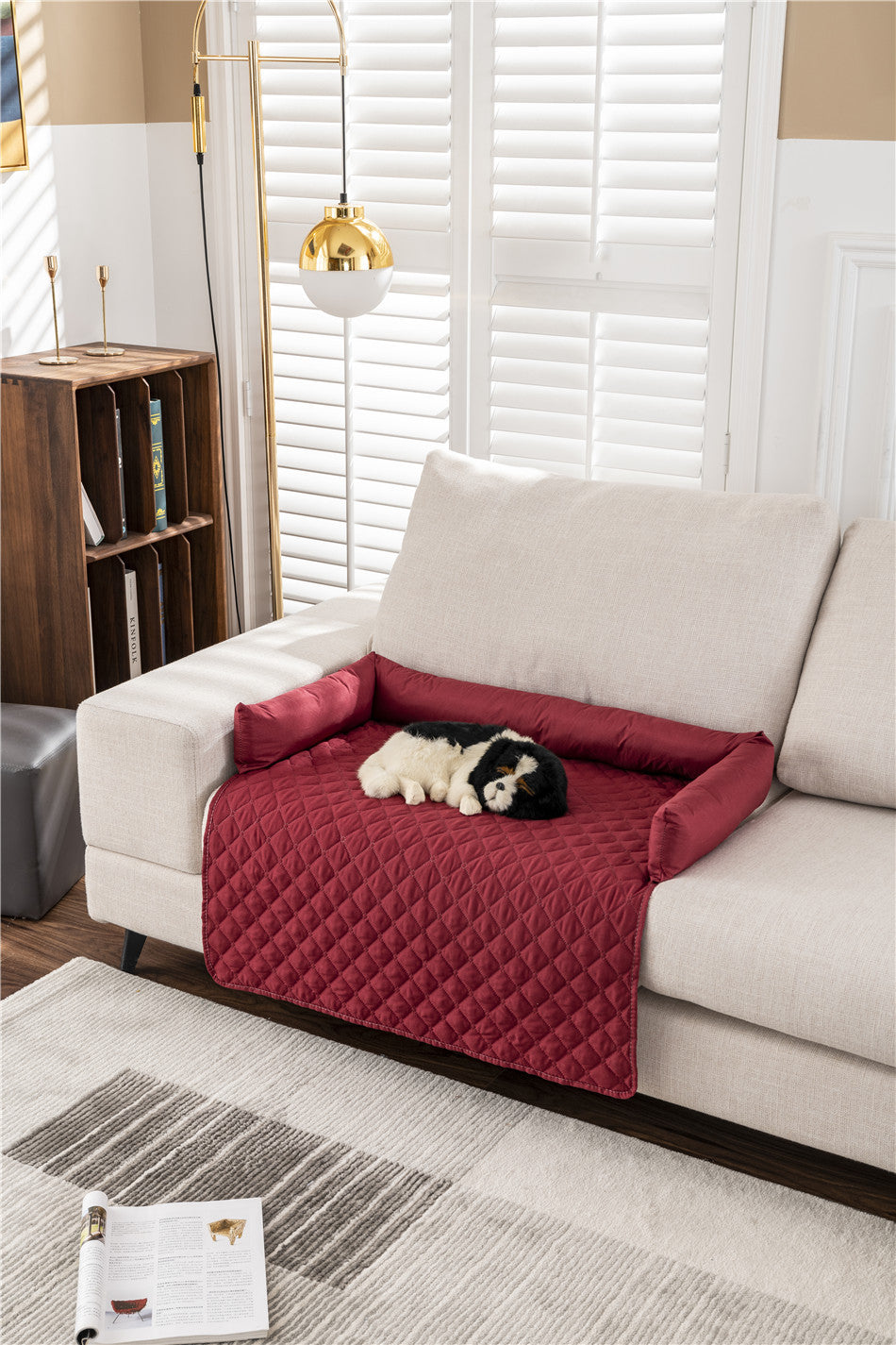 dog sleeping on red bolster mat on couch