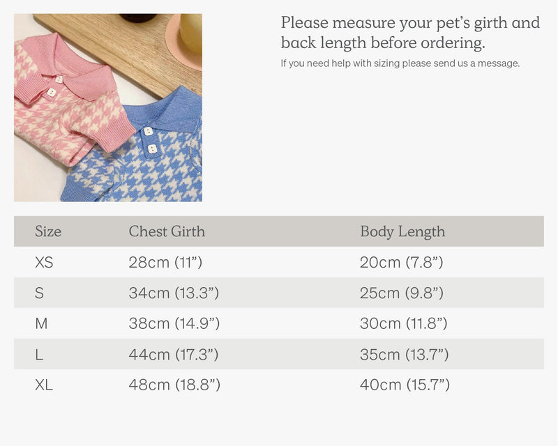 Polo Tee Pet Shirt XS-XL Size Chart