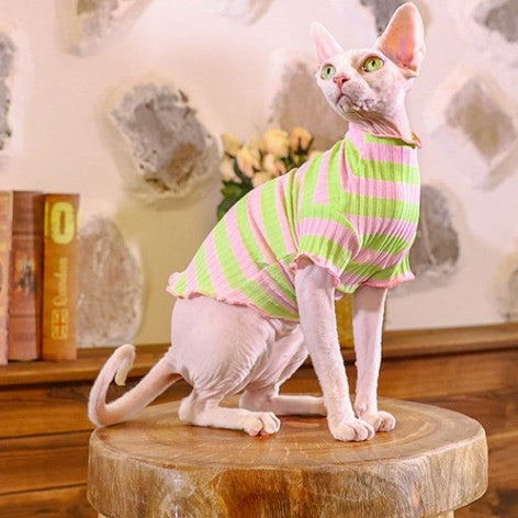 Ruffle Stripes Sweater Sphynx Cat Clothes In Green Color