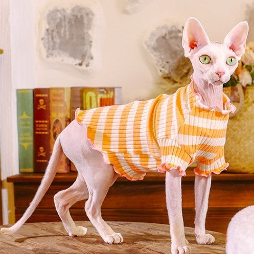 Ruffle Stripes Sweater Sphynx Cat Clothes In Orange Color
