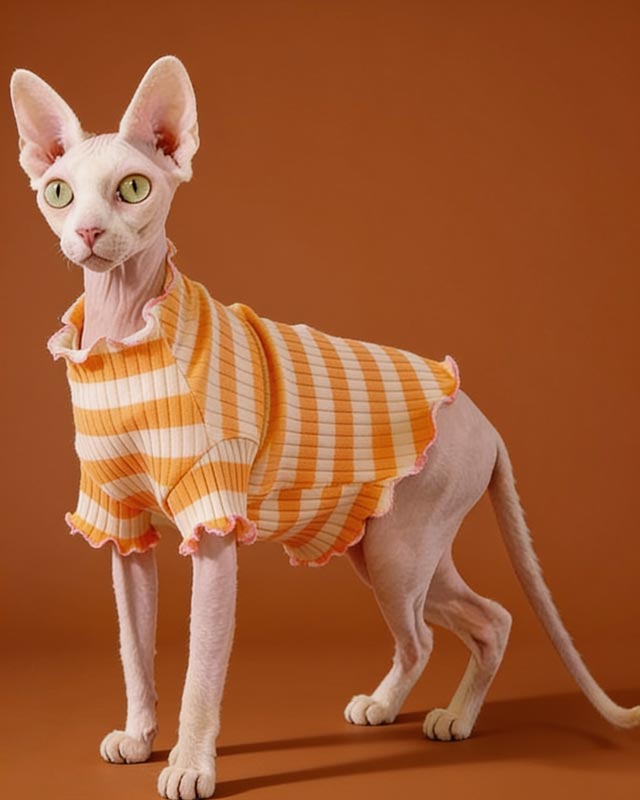 Ruffle Stripes Sweater Sphynx Cat Clothes In Orange Color