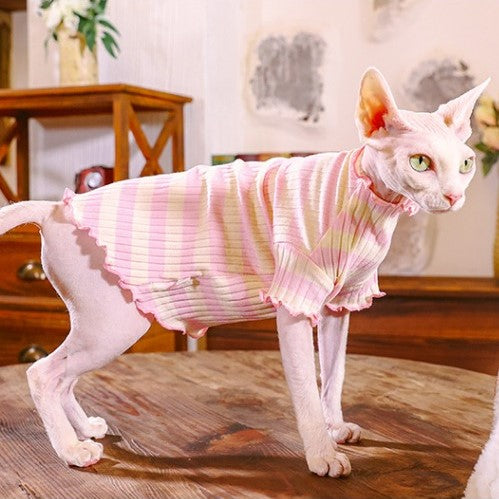 Ruffle Stripes Sweater Sphynx Cat Clothes In Pink Color