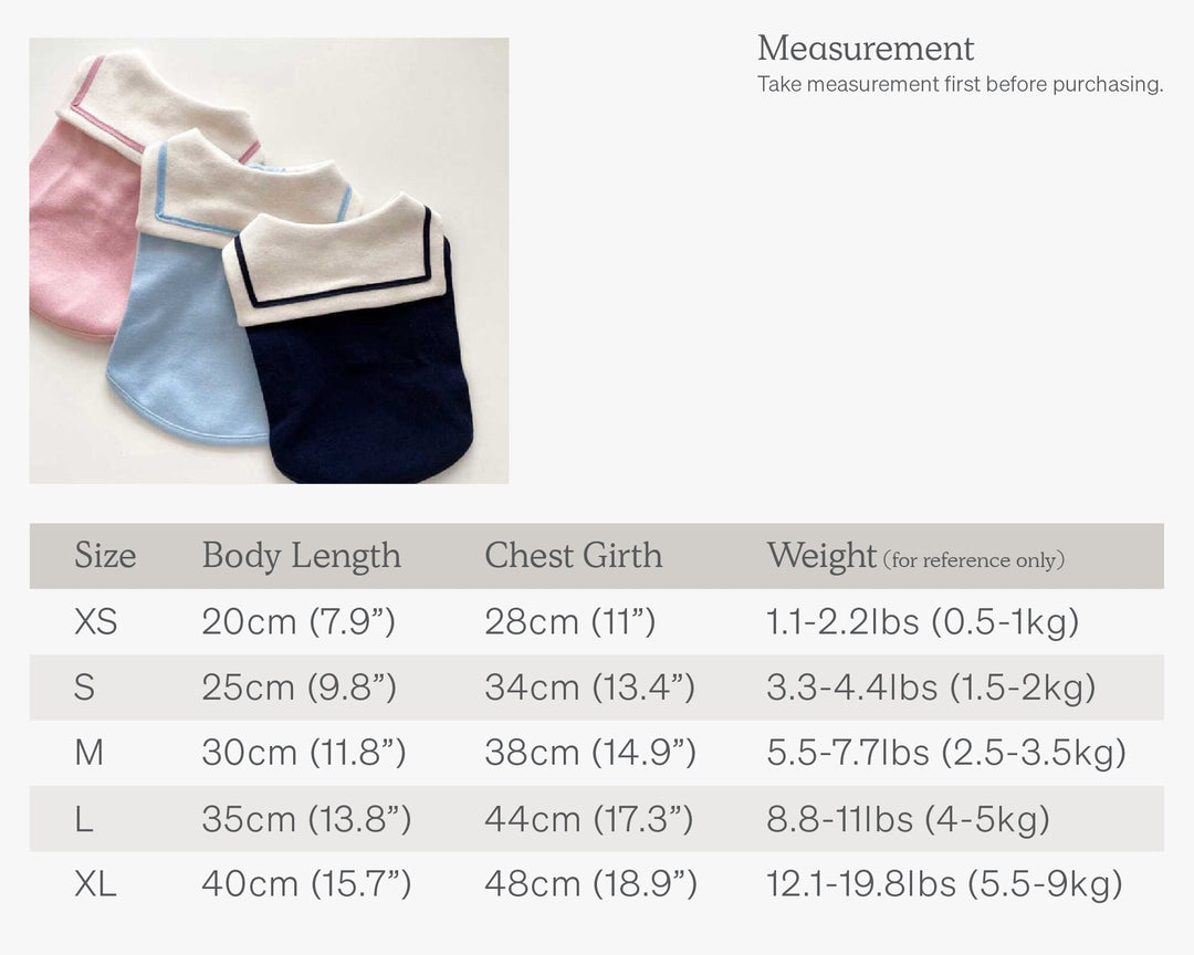 Sailor Pet Uniform XS To XL Size Chart