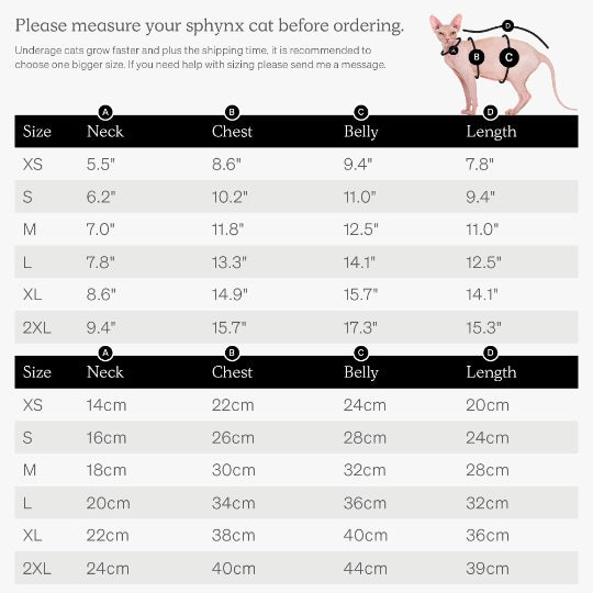 Sphynx Clothes XS-XXL Size Chart
