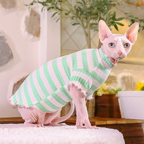 Ruffle Stripes Sweater Sphynx Cat Clothes In MInt Color