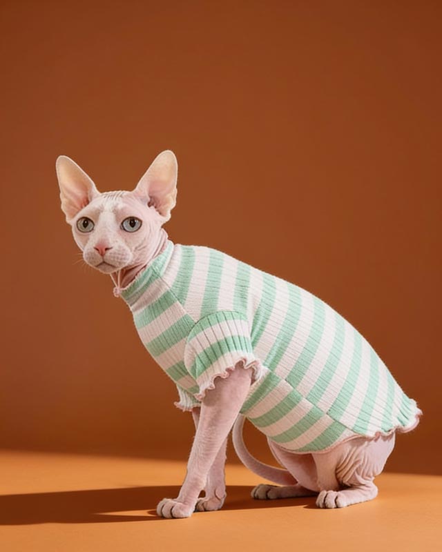 Ruffle Stripes Sweater Sphynx Cat Clothes In MInt Color