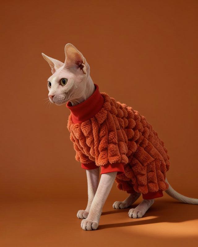 Sphynx Cat Clothes Square Puffer Fleece Sweater in Brick Red Color