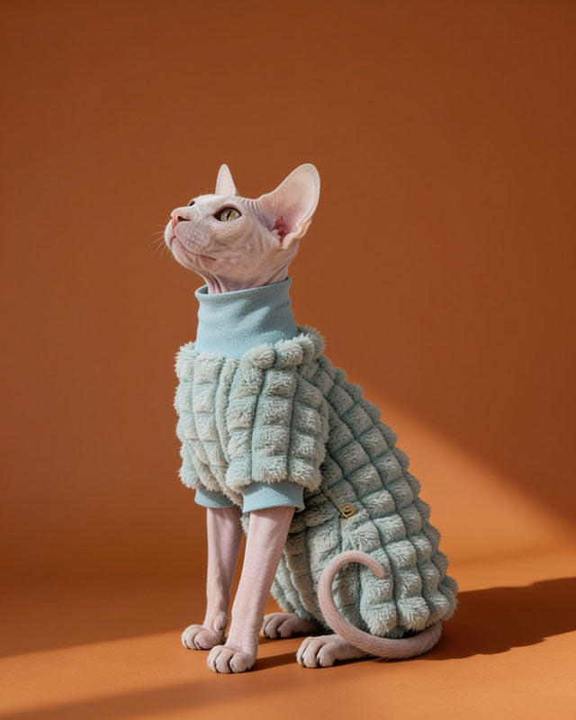 Sphynx Cat Clothes Square Puffer Fleece Sweater In Mint Color