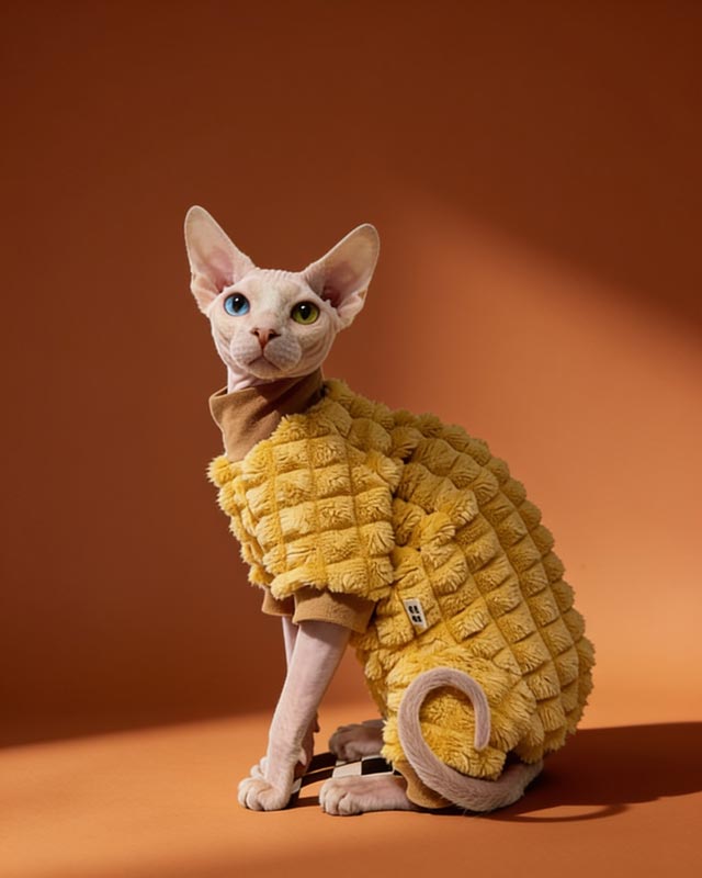 Sphynx Cat Clothes Square Puffer Fleece Sweater in Yellow Color