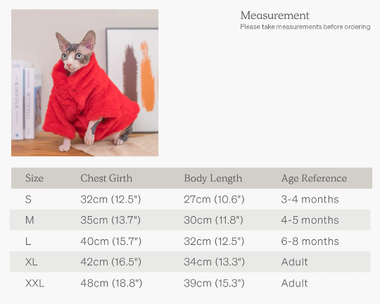 Sphynx Cat Faux Fur Coat Extra Warm Sphynx Jackets S to XXL Size Chart
