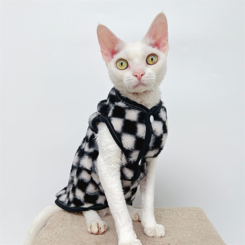Checker Fleece Sphynx Cat Clothes Sphynx Faux Fur Cardigan In Black Color
